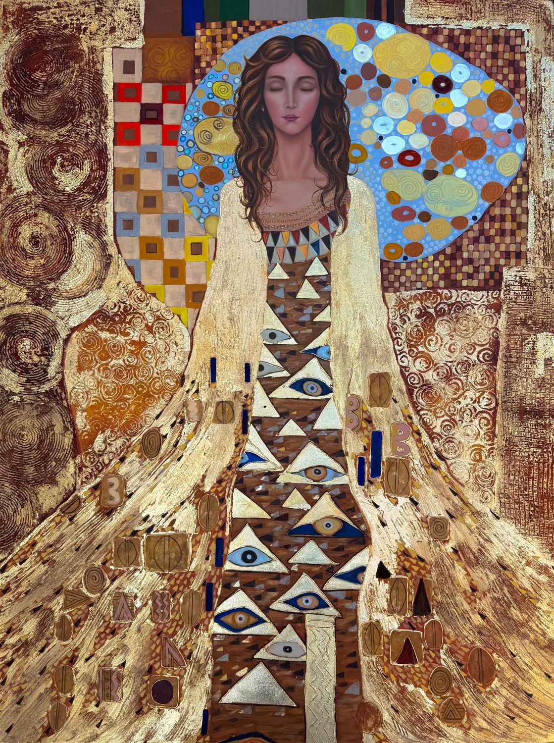 Obra de Gabriela Ruíz: mujer de ojos cerrados con halo de mosaico